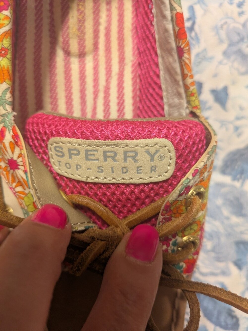 Sperry Women’s Tan Boat Shoes with Floral Trim - Pink Accents - Picture 4 of 6